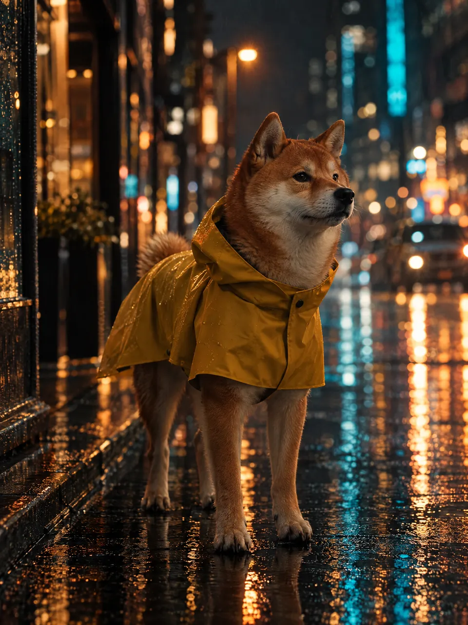 穿雨衣的柴犬，展示宠物与商品的日常场景